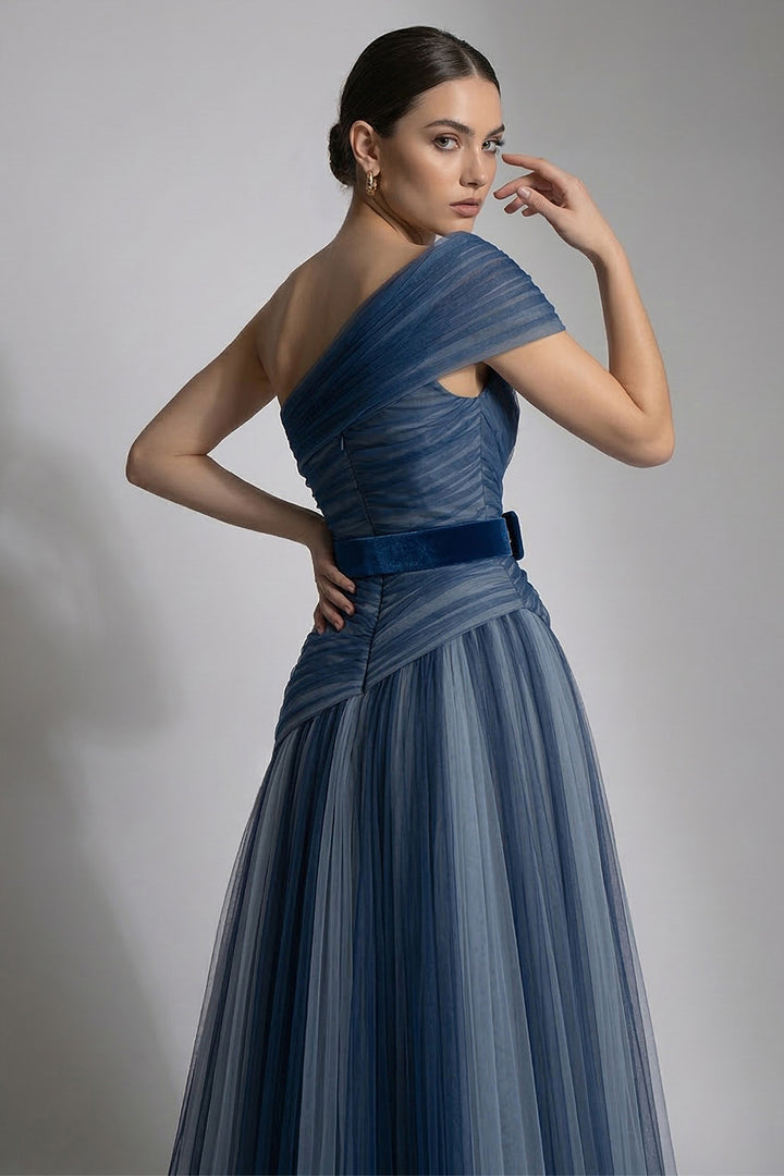 One-Shoulder Belted A-Line Dress