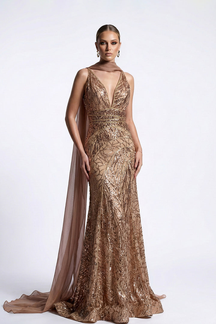 Deep-Plunge Mermaid Dress with Beaded Bodice