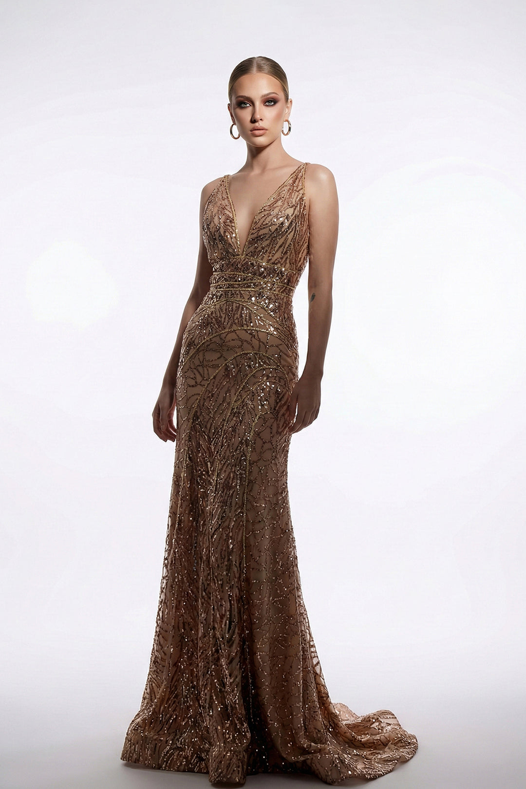 Deep-Plunge Mermaid Dress with Beaded Bodice