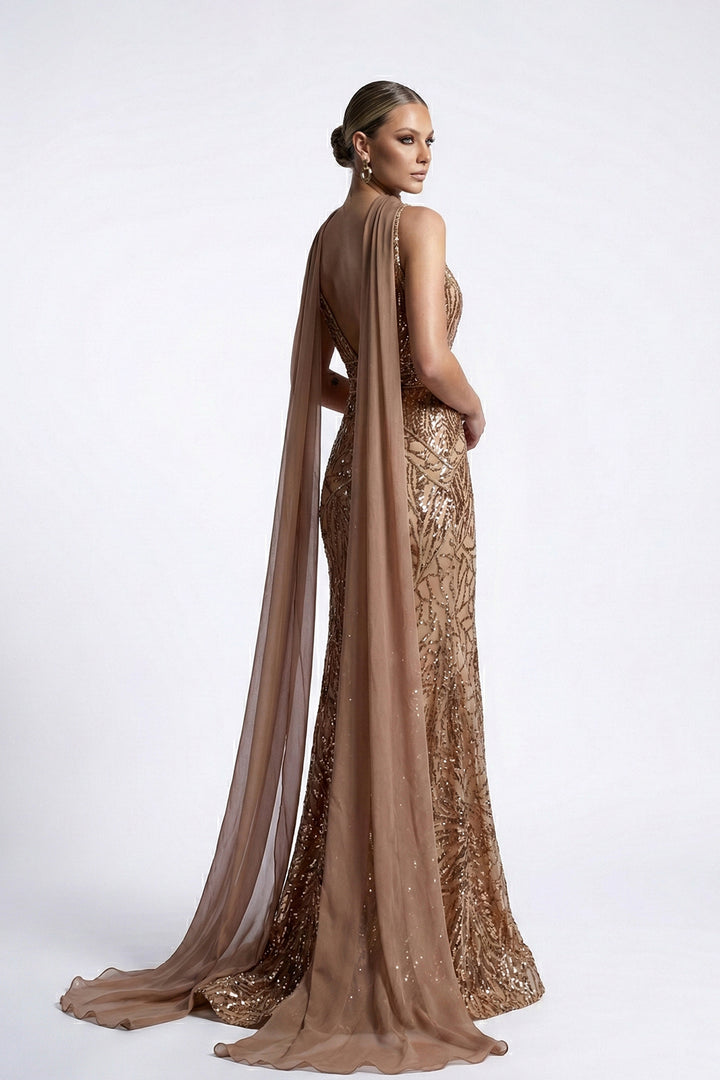 Deep-Plunge Mermaid Dress with Beaded Bodice