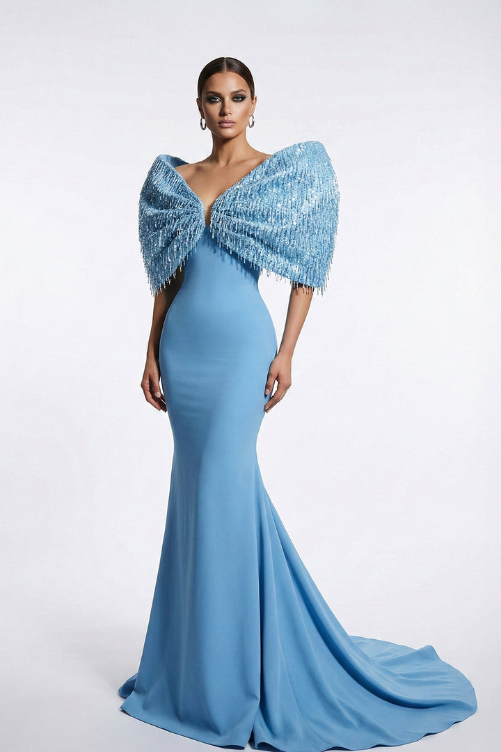 Plunge-Neckline Mermaid Dress with Cape Shoulder