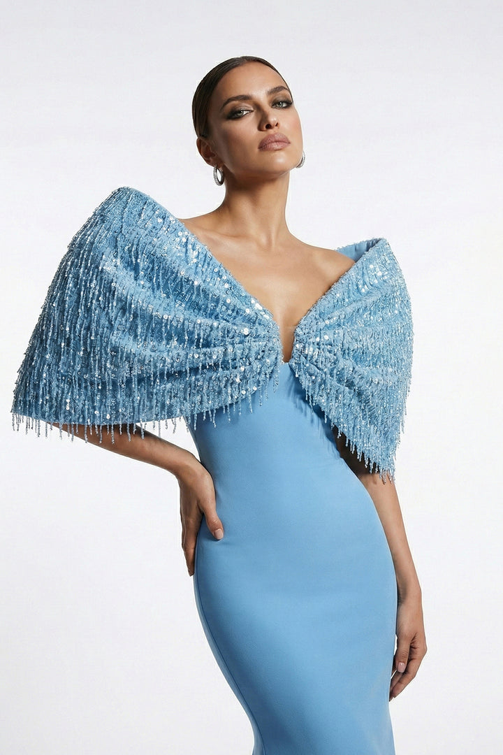 Plunge-Neckline Mermaid Dress with Cape Shoulder