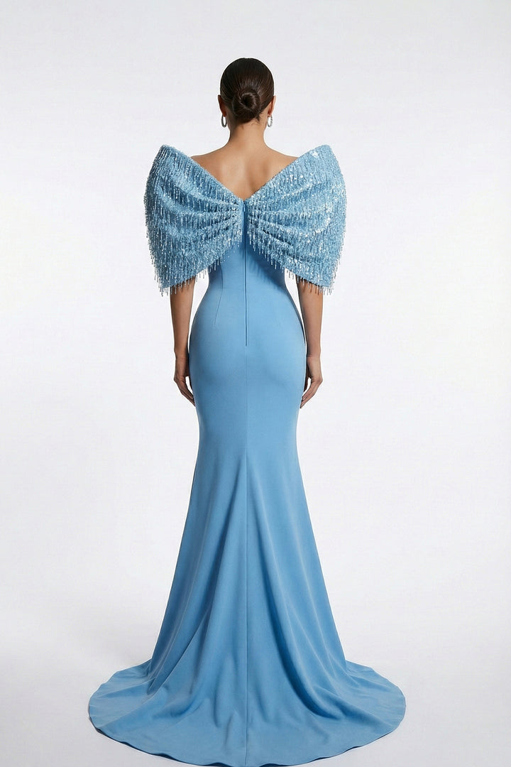 Plunge-Neckline Mermaid Dress with Cape Shoulder