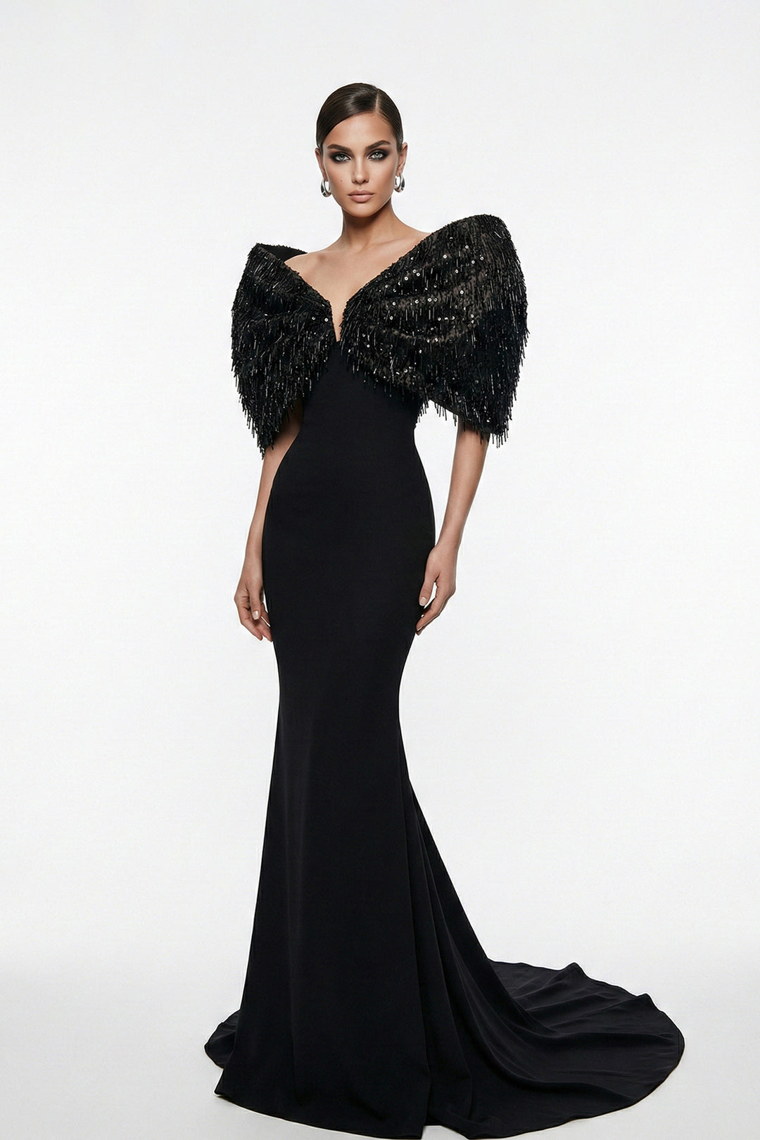 Plunge-Neckline Mermaid Dress with Cape Shoulder