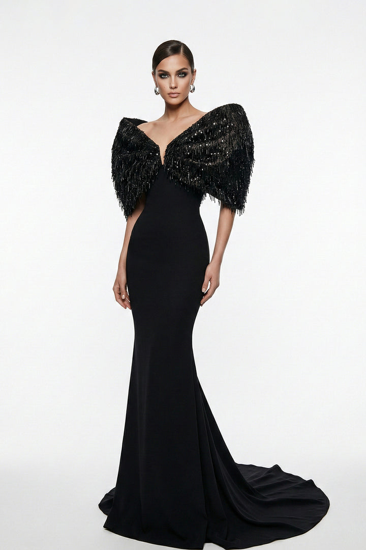 Plunge-Neckline Mermaid Dress with Cape Shoulder