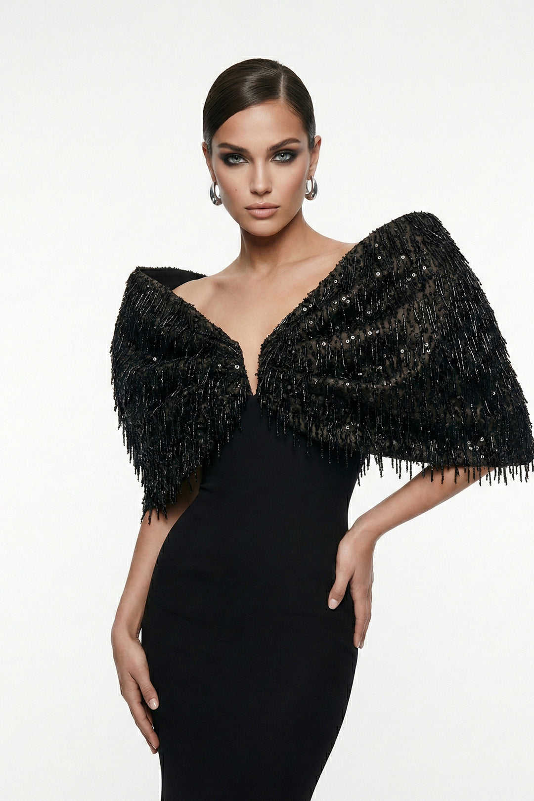 Plunge-Neckline Mermaid Dress with Cape Shoulder