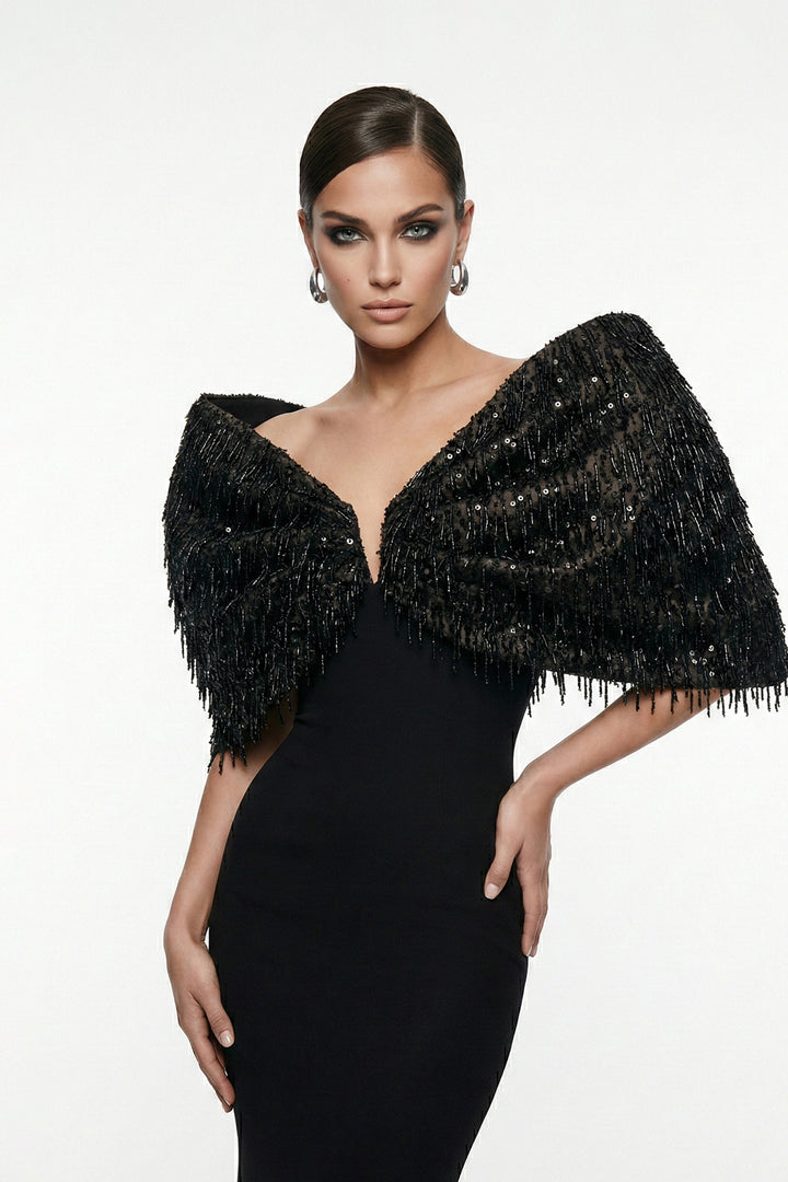 Plunge-Neckline Mermaid Dress with Cape Shoulder