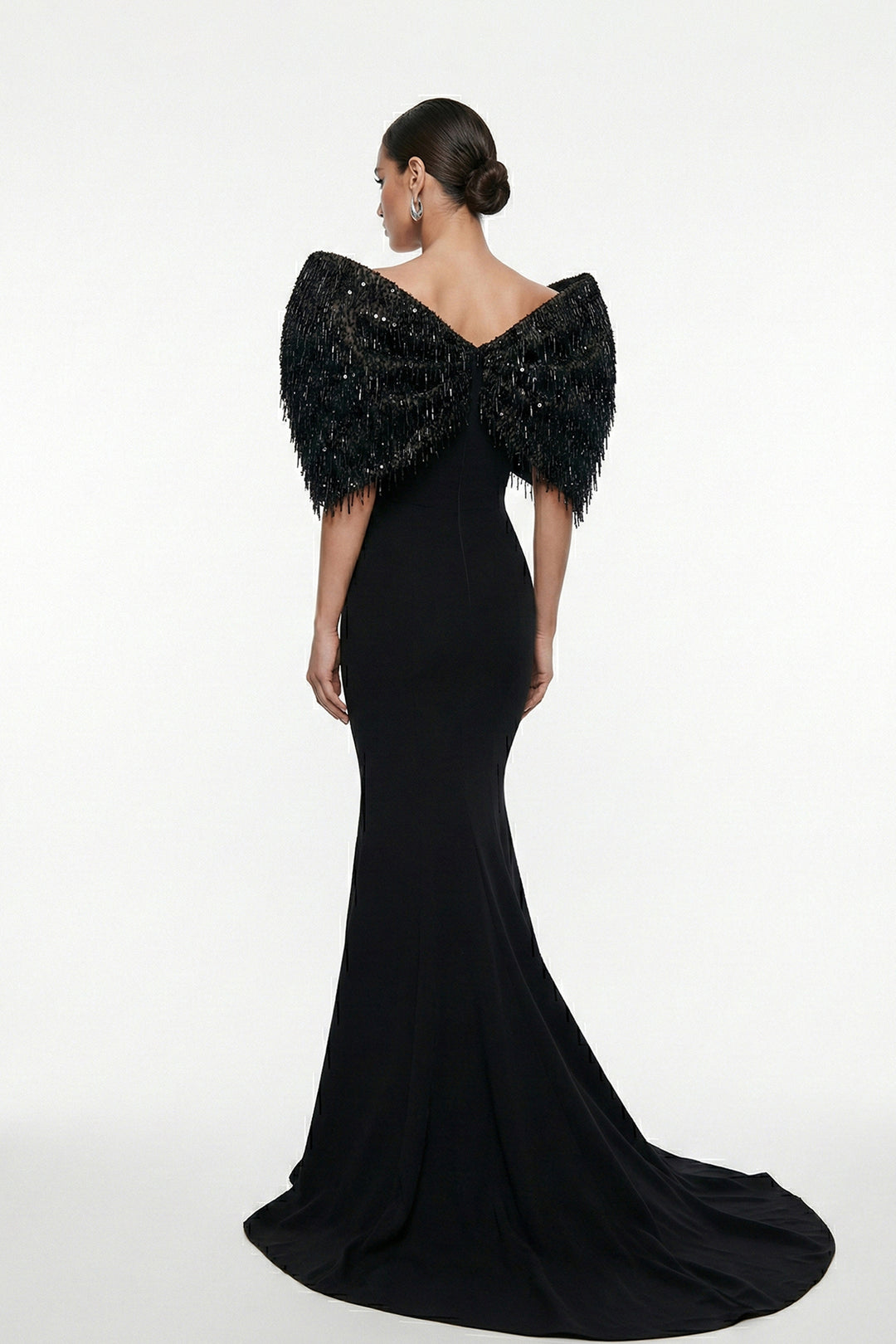 Plunge-Neckline Mermaid Dress with Cape Shoulder