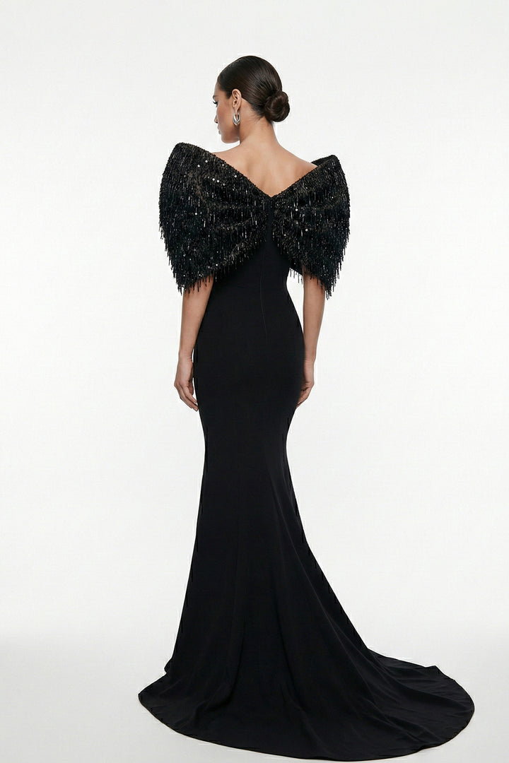 Plunge-Neckline Mermaid Dress with Cape Shoulder