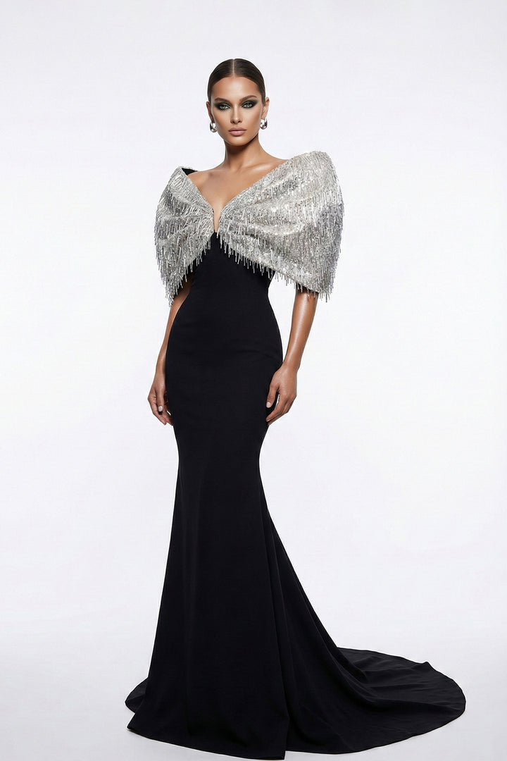 Plunge-Neckline Mermaid Dress with Cape Shoulder