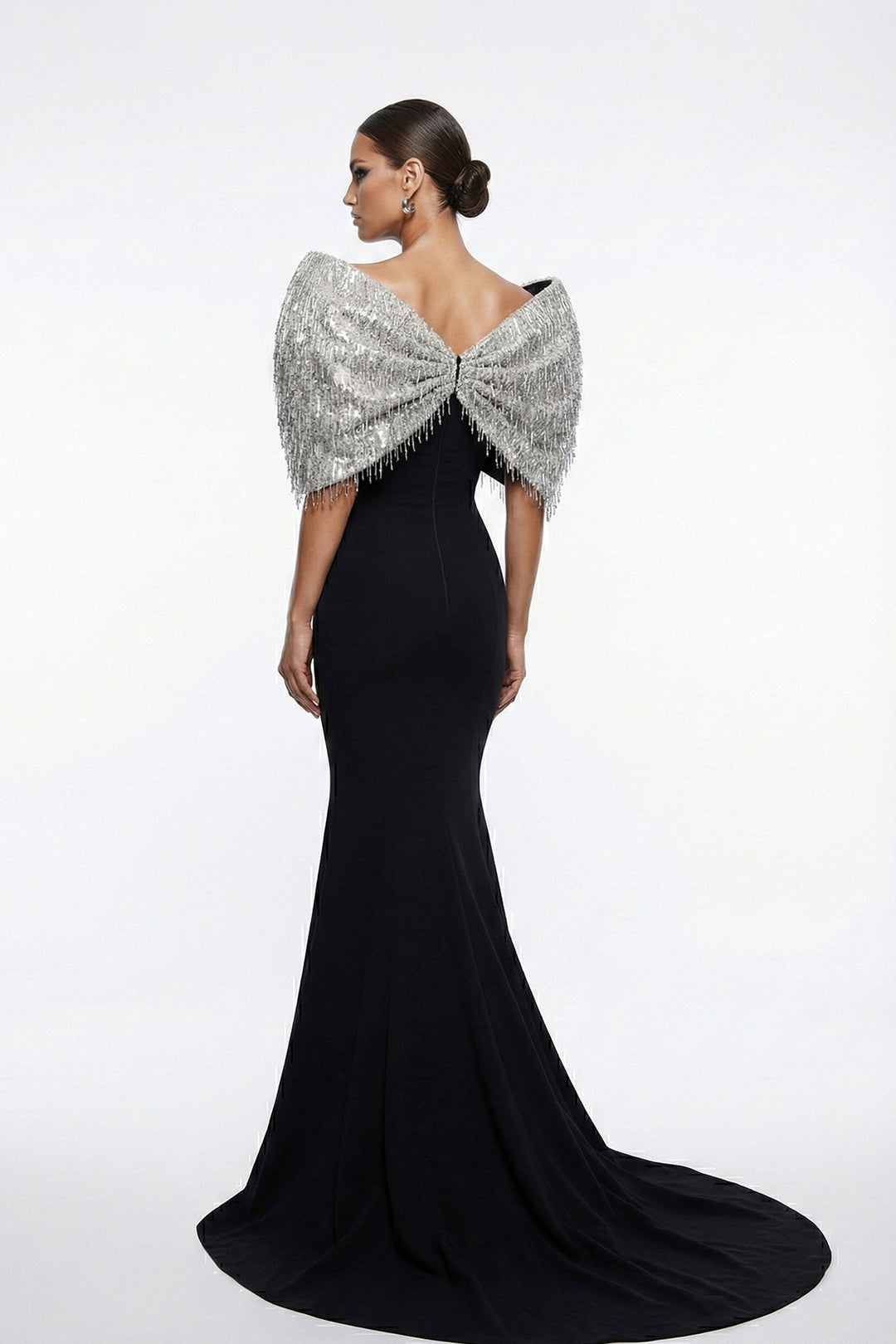 Plunge-Neckline Mermaid Dress with Cape Shoulder