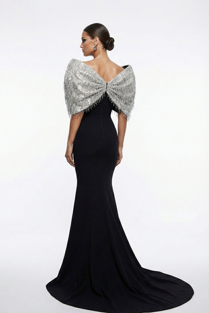 Plunge-Neckline Mermaid Dress with Cape Shoulder