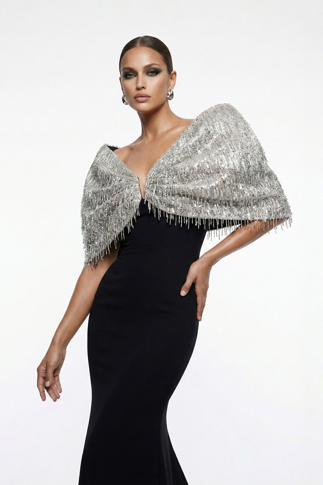 Plunge-Neckline Mermaid Dress with Cape Shoulder