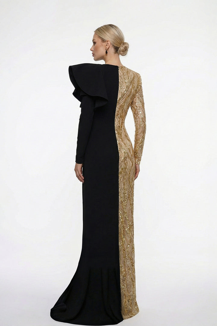 Two-Tone Dress with Sculpted One-Shoulder Sleeve