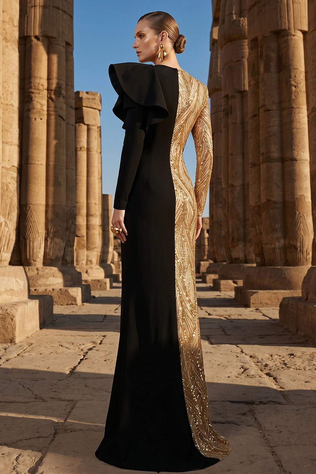 Two-Tone Dress with Sculpted One-Shoulder Sleeve