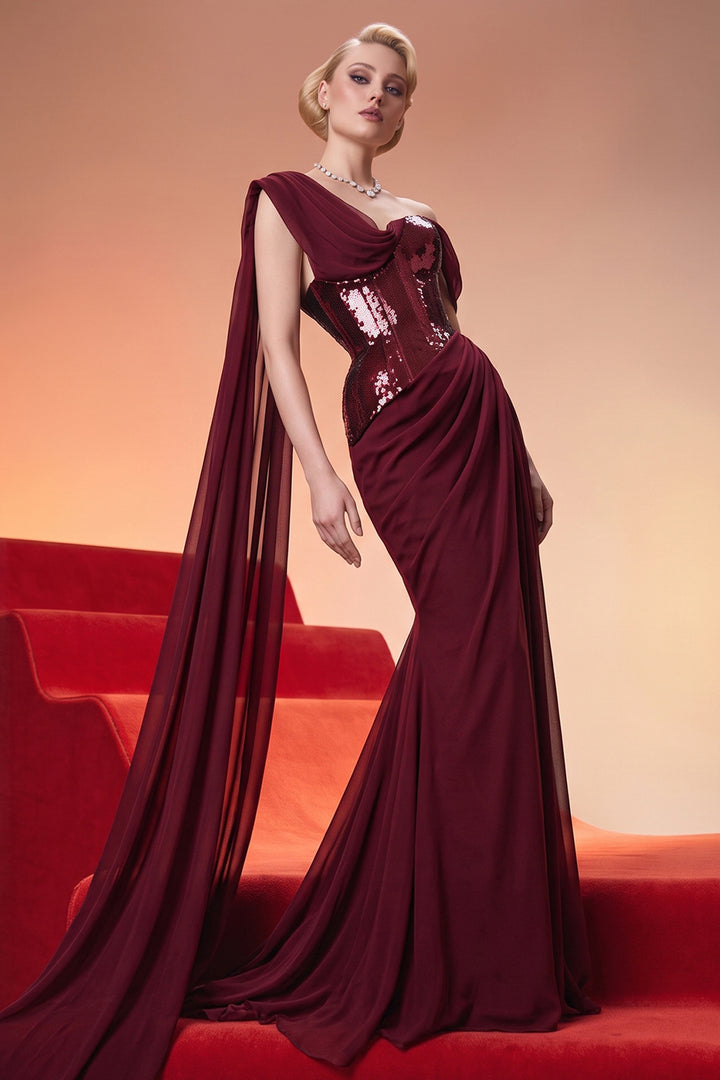 Asymmetrical One-Shoulder Dress with Beaded Corset
