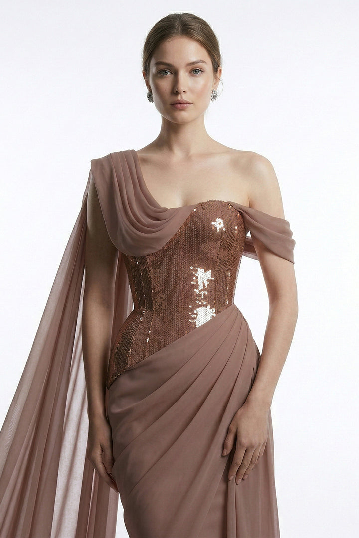 Asymmetrical One-Shoulder Dress with Beaded Corset