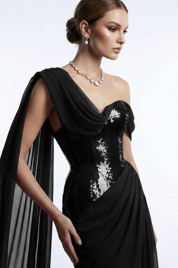 Asymmetrical One-Shoulder Dress with Beaded Corset