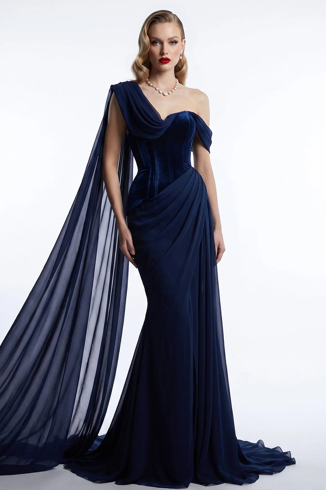 Off-The-Shoulder Mermaid Dress with Sheer Cape