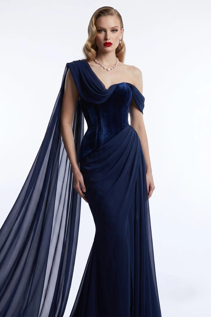 Off-The-Shoulder Mermaid Dress with Sheer Cape