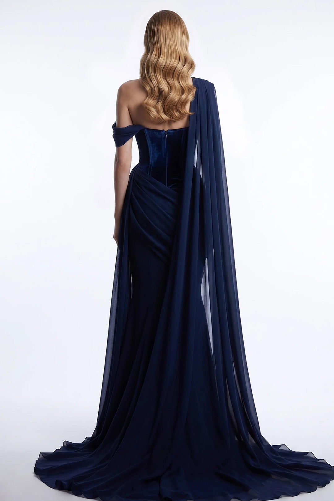 Off-The-Shoulder Mermaid Dress with Sheer Cape