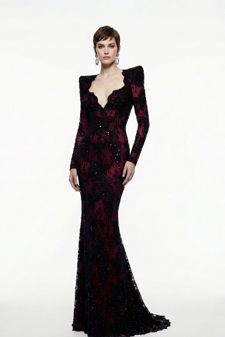 Mermaid Dress with Deep Plunge and Long Sleeves