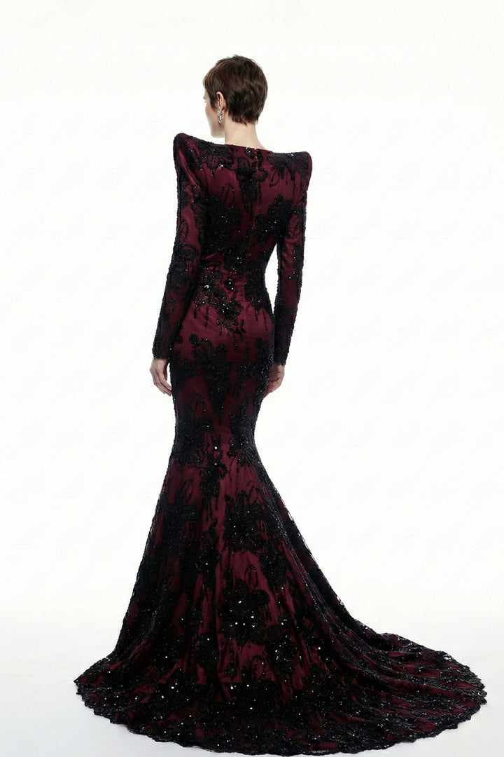 Mermaid Dress with Deep Plunge and Long Sleeves