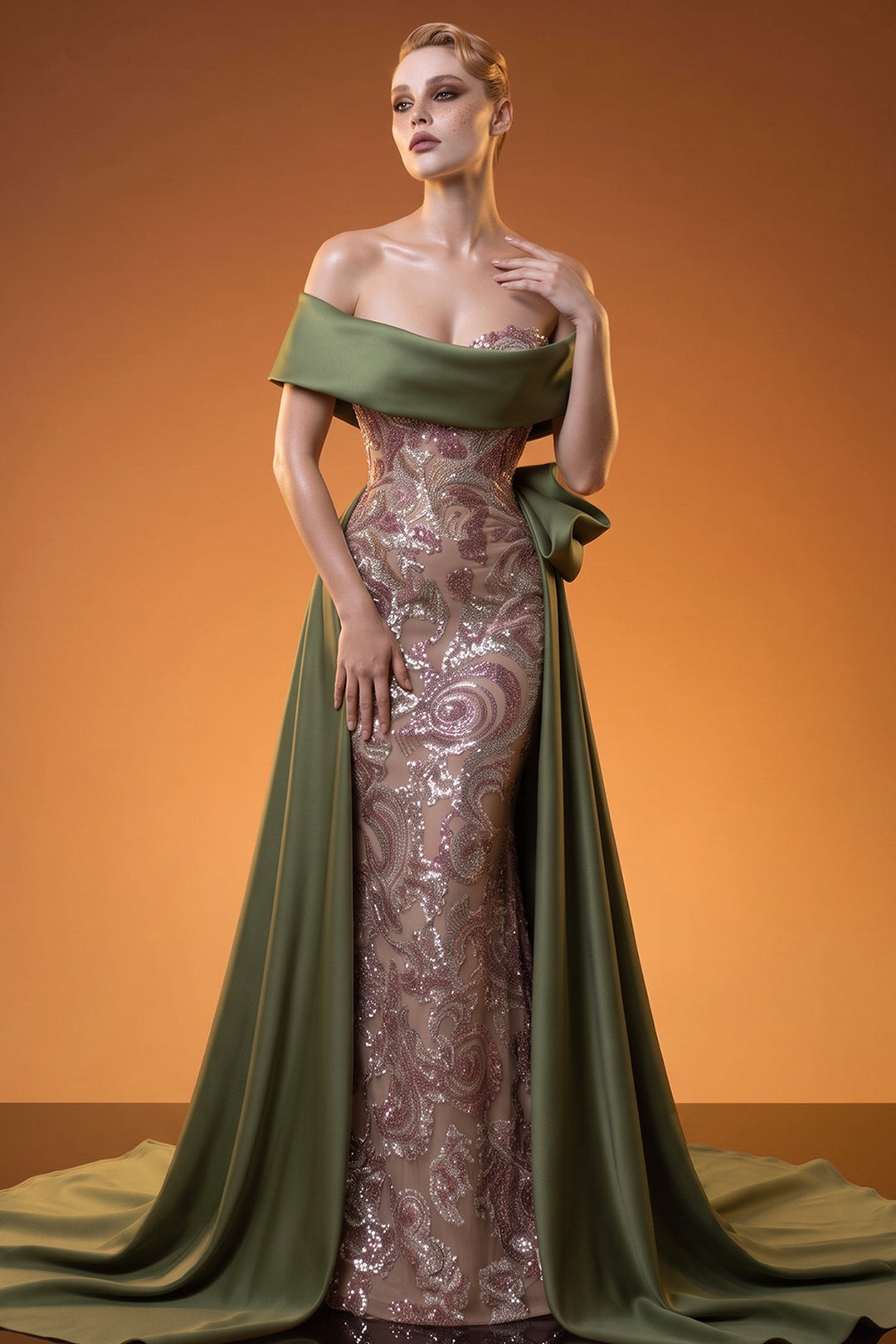 Mermaid Dress with Off-The-Shoulder Curved Neckline