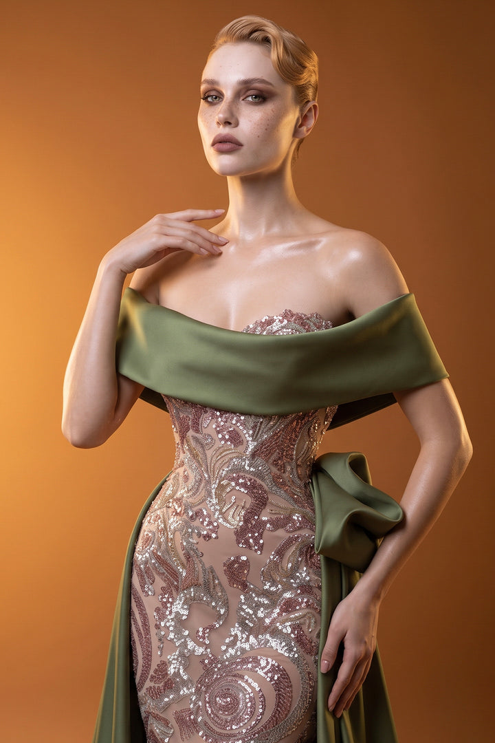 Mermaid Dress with Off-The-Shoulder Curved Neckline