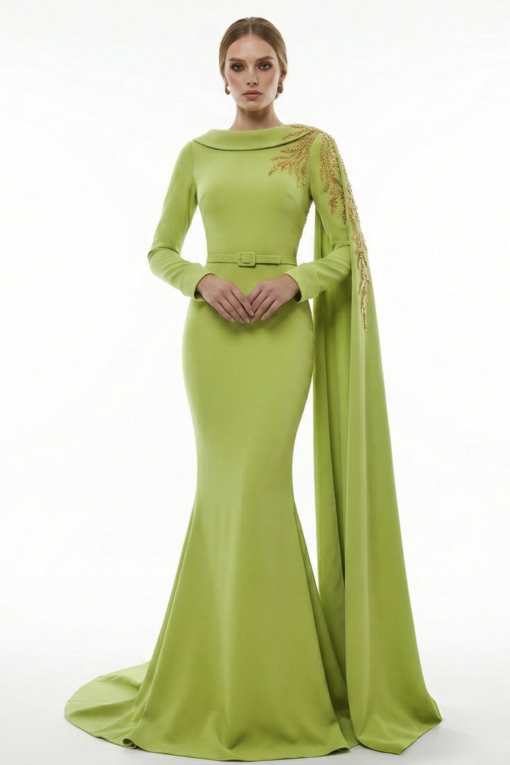 Belted Asymmetrical Cape-Sleeve Mermaid Dress