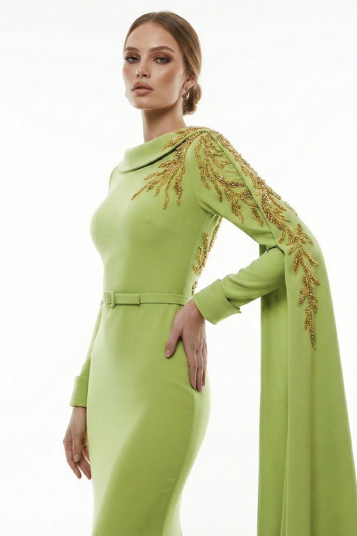 Belted Asymmetrical Cape-Sleeve Mermaid Dress