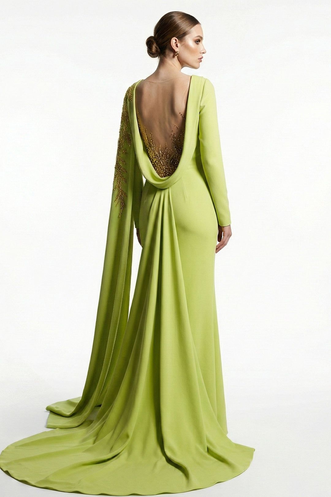 Belted Asymmetrical Cape-Sleeve Mermaid Dress