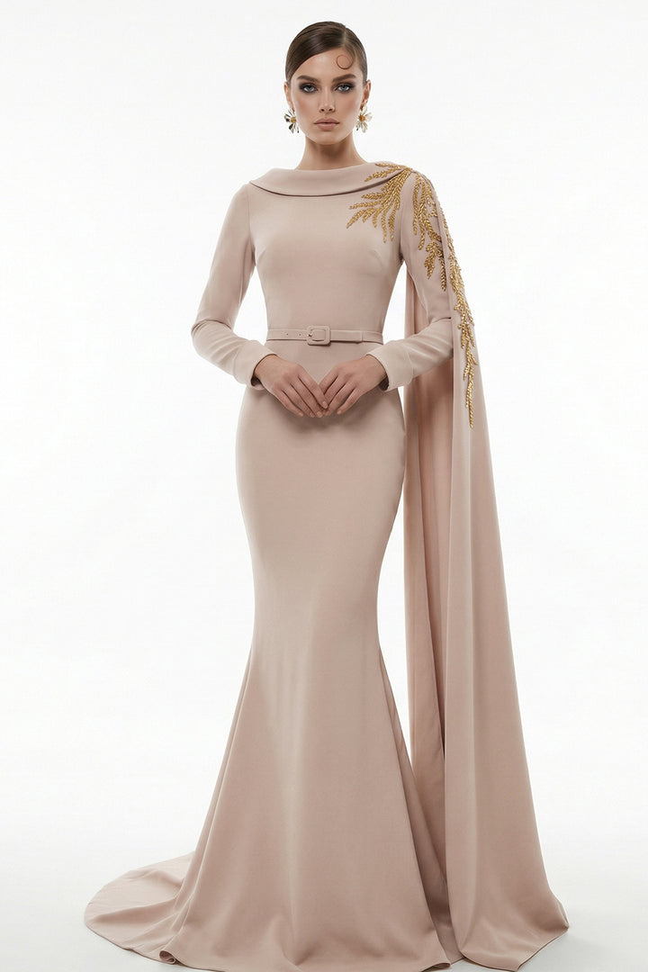 Belted Asymmetrical Cape-Sleeve Mermaid Dress