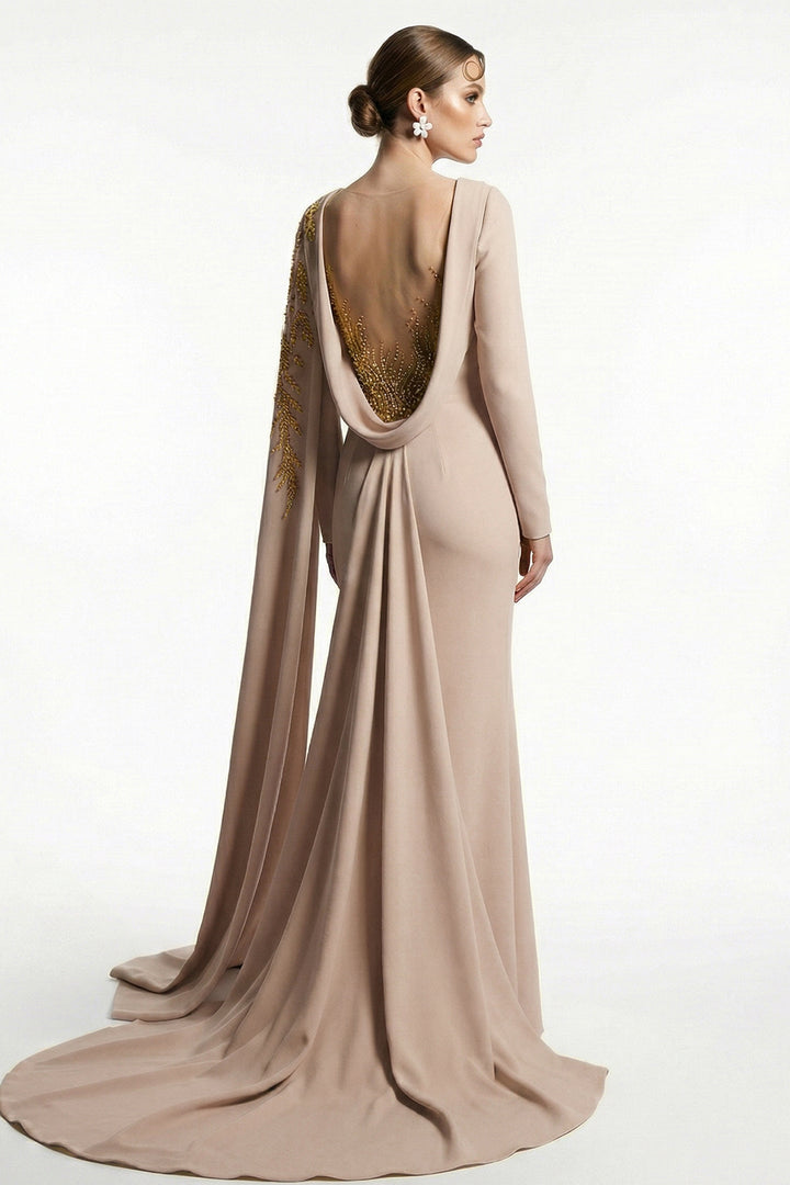 Belted Asymmetrical Cape-Sleeve Mermaid Dress