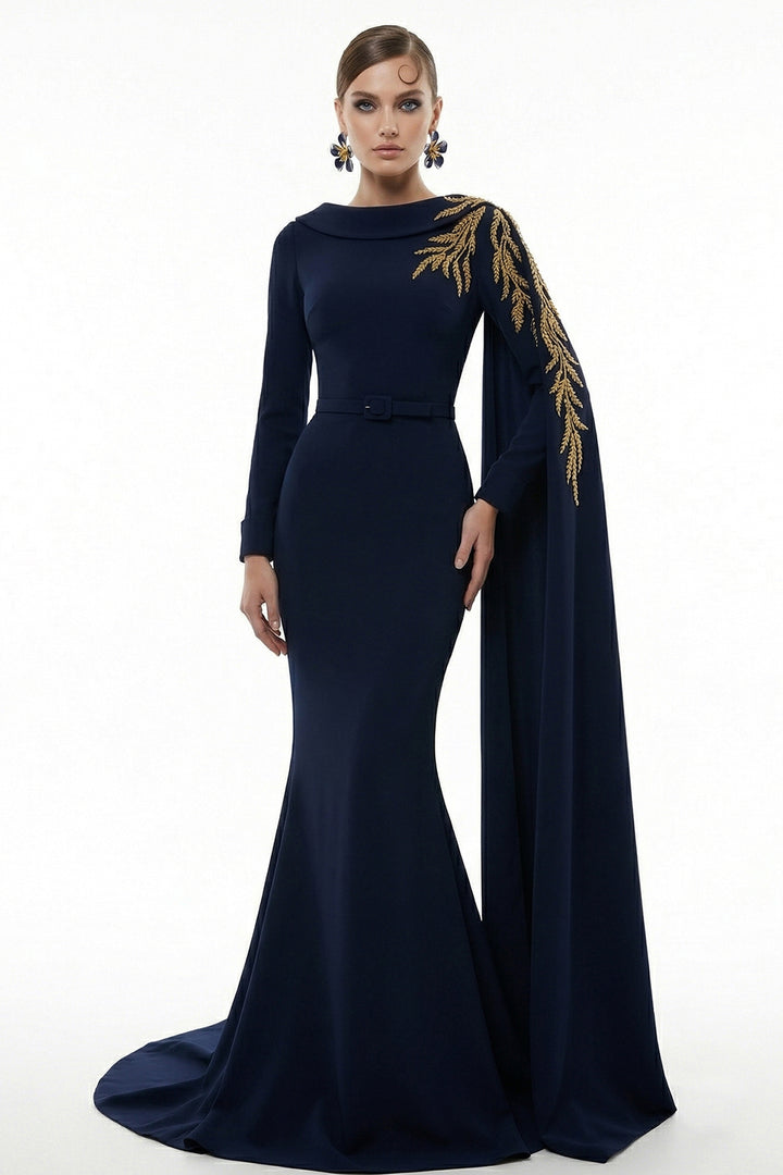 Belted Asymmetrical Cape-Sleeve Mermaid Dress