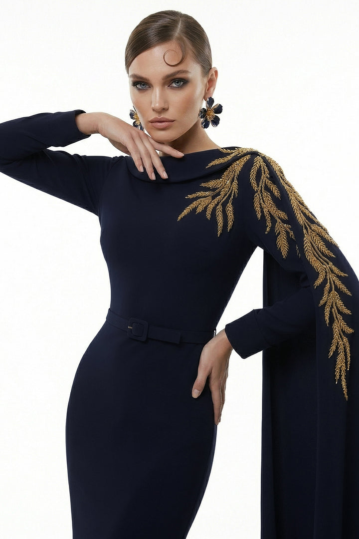Belted Asymmetrical Cape-Sleeve Mermaid Dress