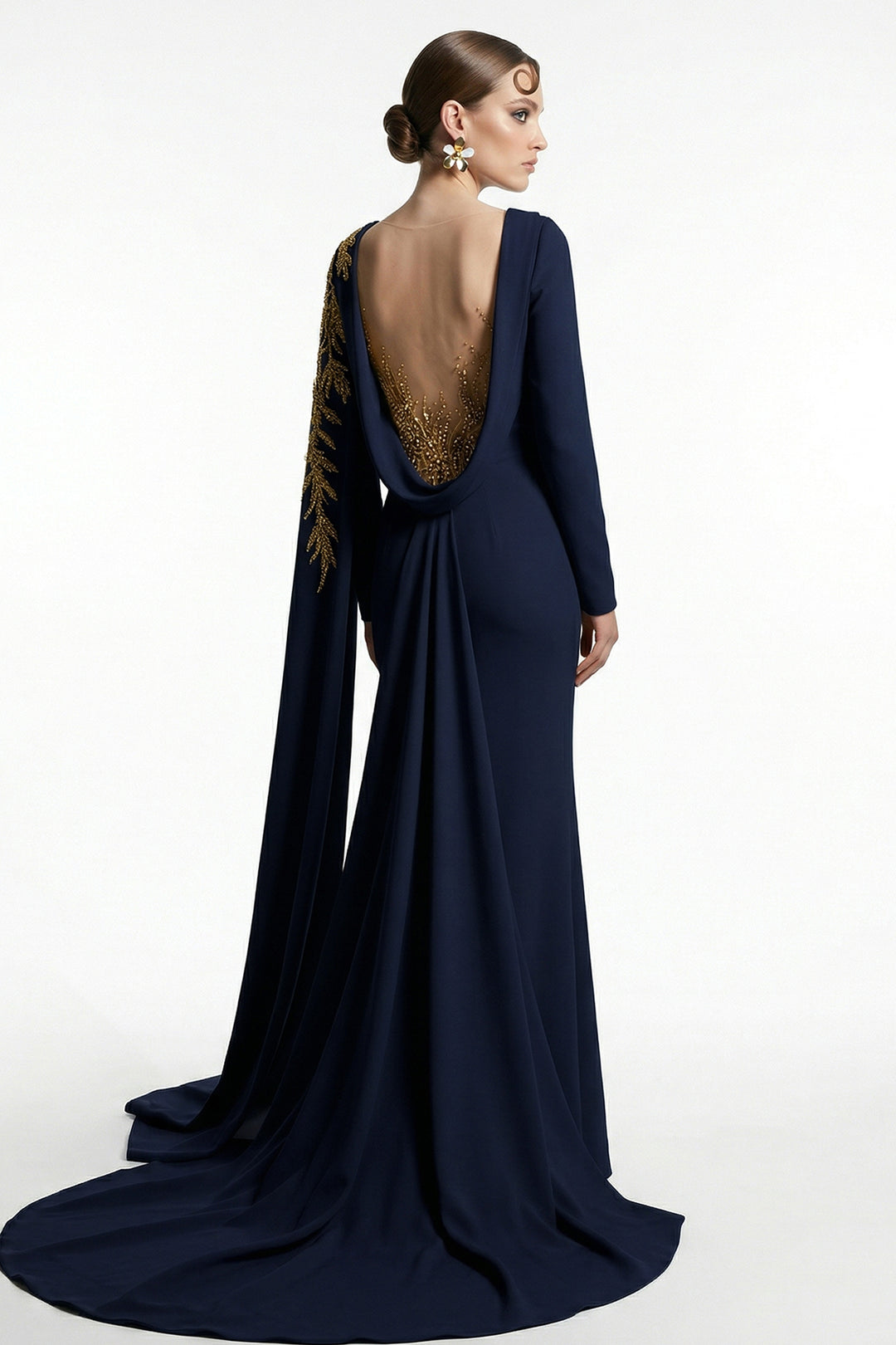 Belted Asymmetrical Cape-Sleeve Mermaid Dress