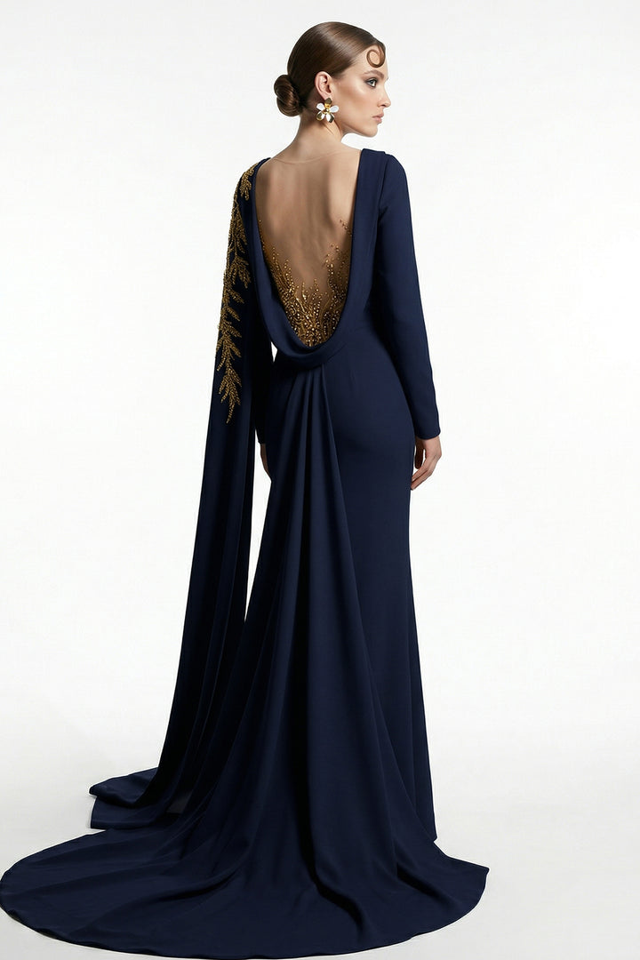 Belted Asymmetrical Cape-Sleeve Mermaid Dress