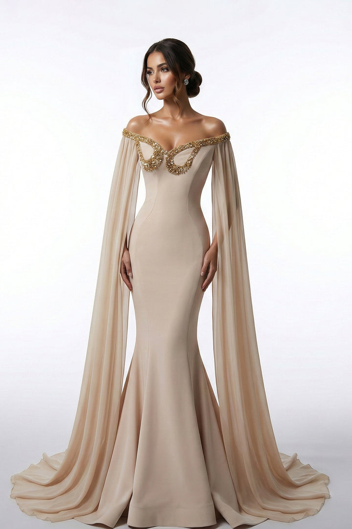 Crepe Mermaid Dress with Caped Sleeves