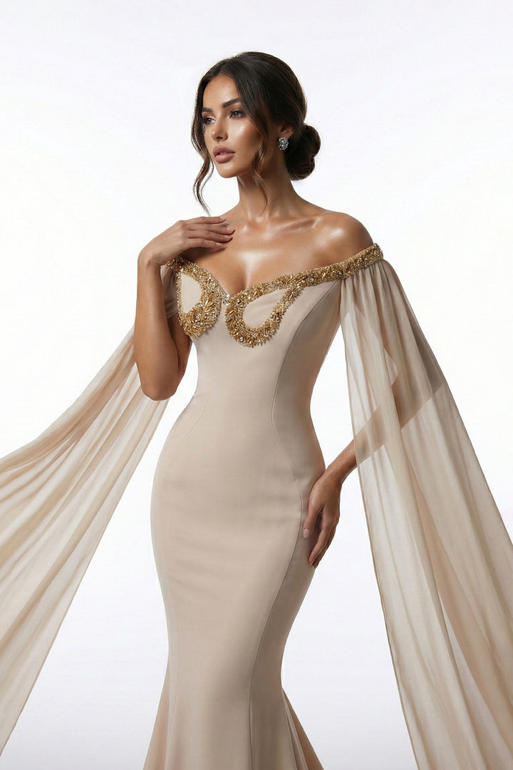 Crepe Mermaid Dress with Caped Sleeves