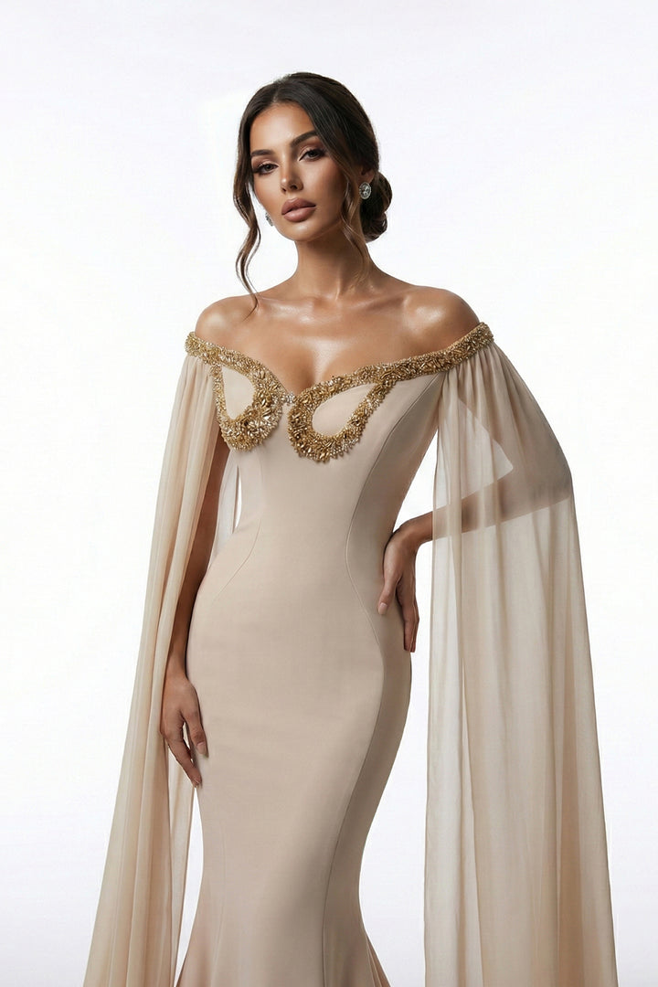 Crepe Mermaid Dress with Caped Sleeves