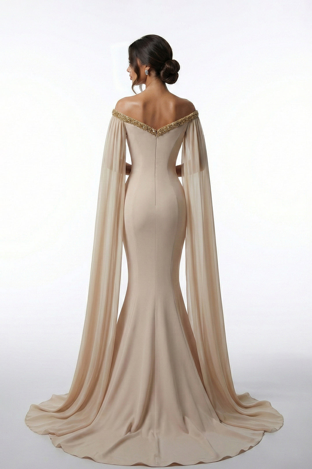 Crepe Mermaid Dress with Caped Sleeves