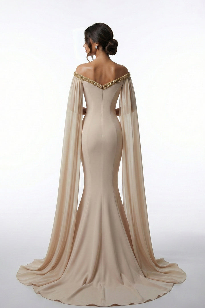 Crepe Mermaid Dress with Caped Sleeves