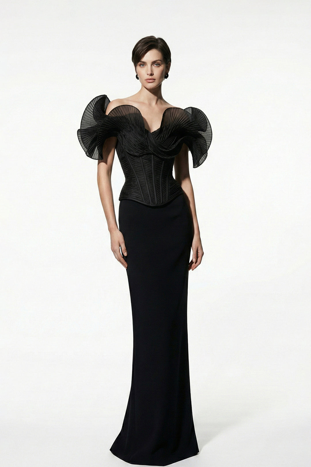 Off-The-Shoulder Column Dress with Sculpted Pleated Sleeves
