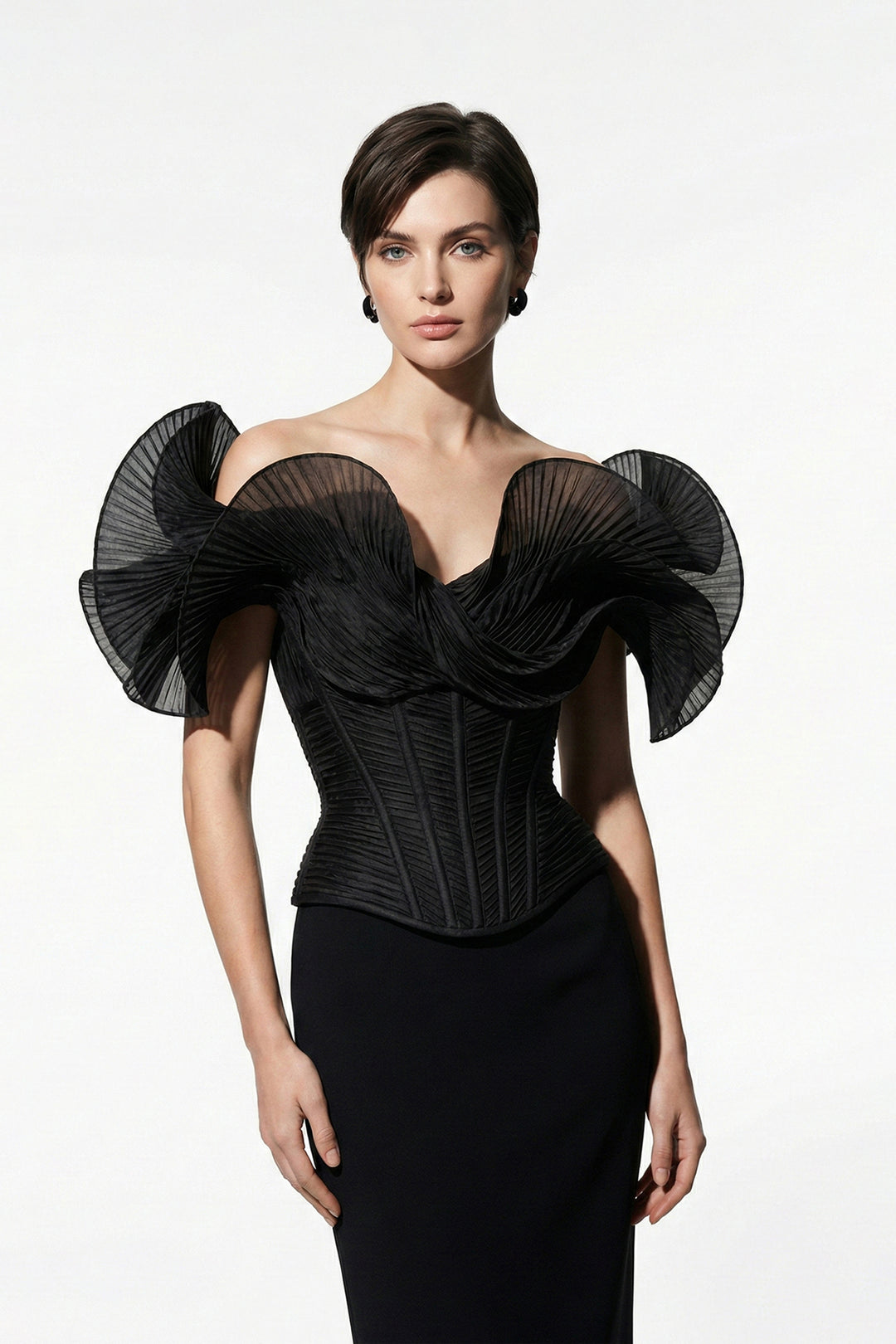 Off-The-Shoulder Column Dress with Sculpted Pleated Sleeves