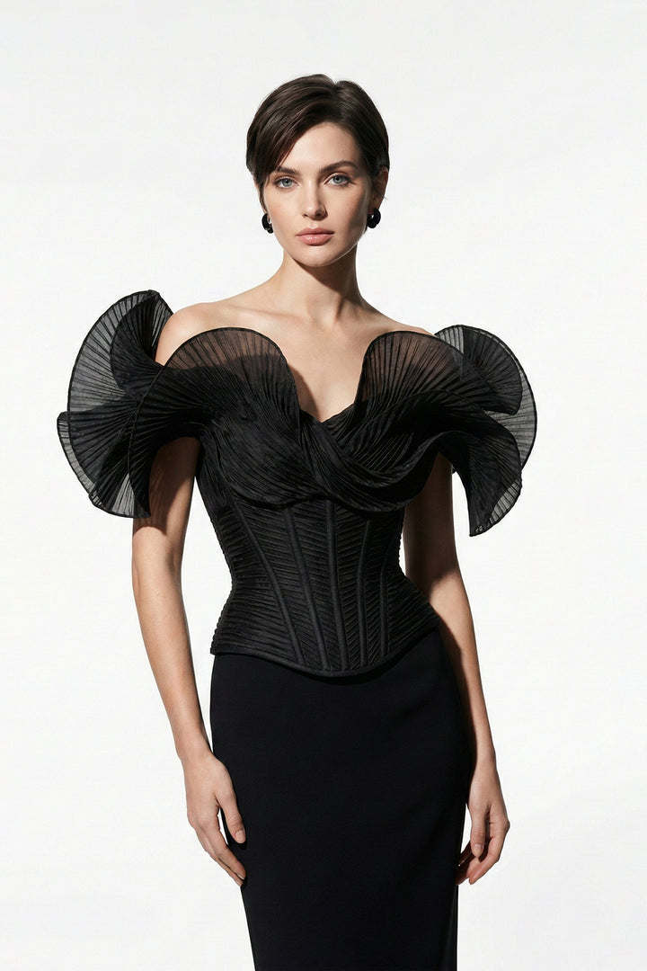 Off-The-Shoulder Column Dress with Sculpted Pleated Sleeves