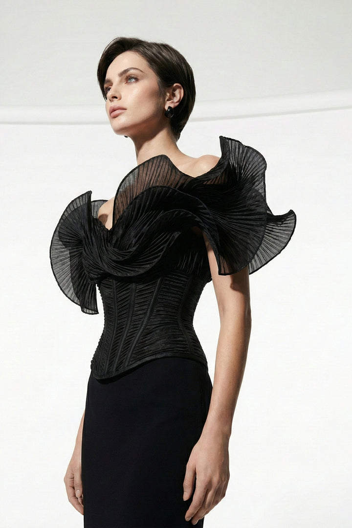 Off-The-Shoulder Column Dress with Sculpted Pleated Sleeves