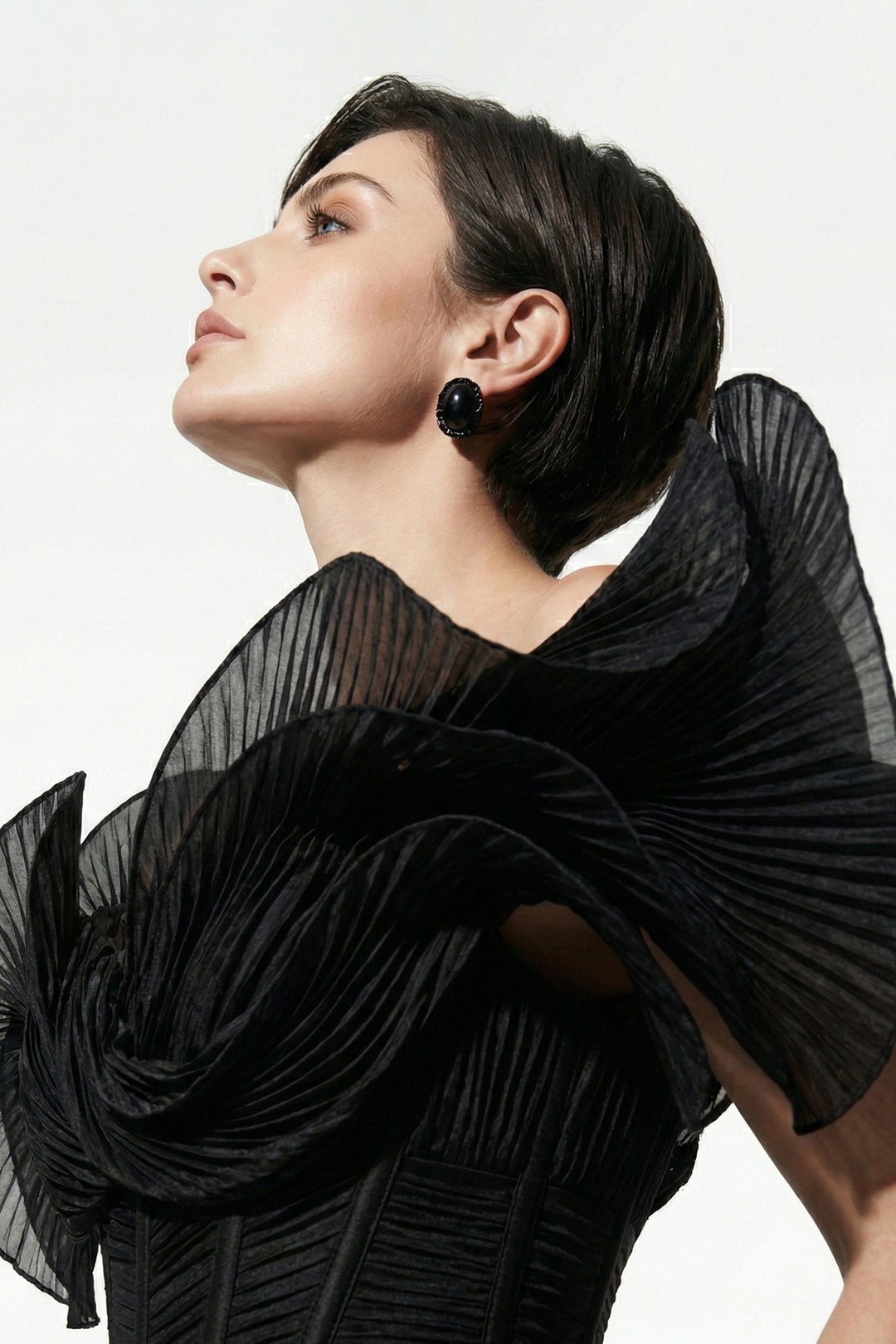 Off-The-Shoulder Column Dress with Sculpted Pleated Sleeves