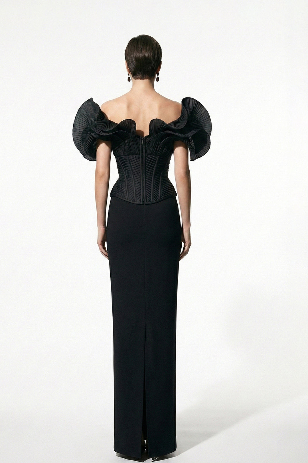 Off-The-Shoulder Column Dress with Sculpted Pleated Sleeves