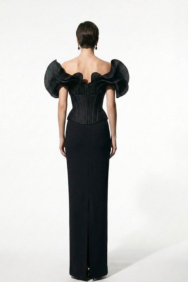 Off-The-Shoulder Column Dress with Sculpted Pleated Sleeves